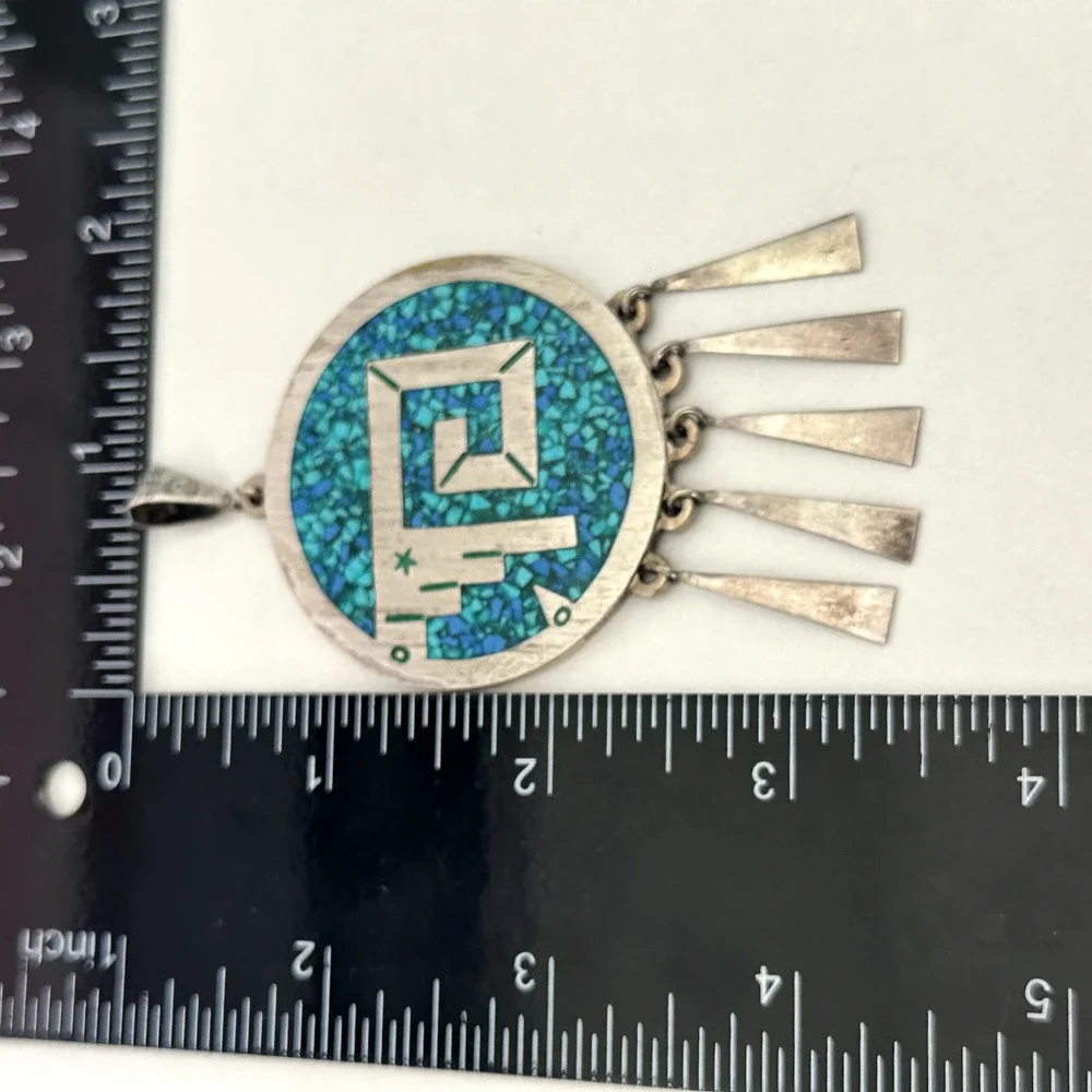 Vintage Taxco Mexico Sterling Turquoise Onyx Heavy Medallion Reversible Pendant